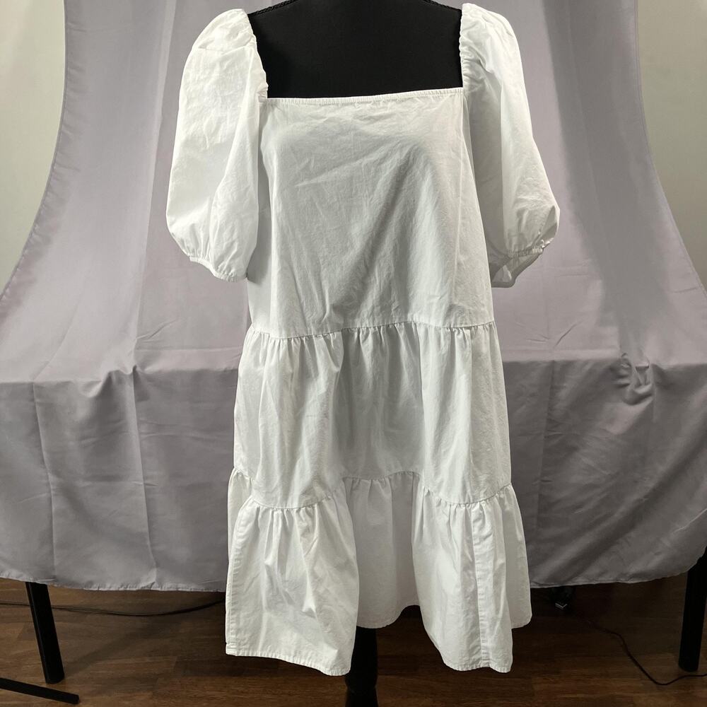 H&M Dress Womens Large White Puff Sleeve Tiered Babydoll Square Neck Summer